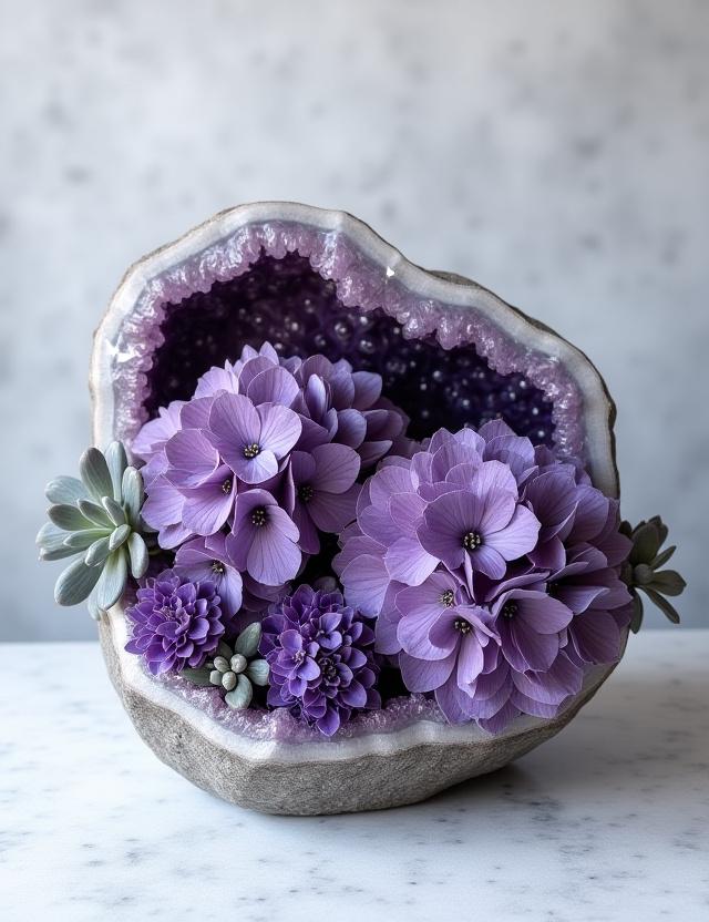 Deep violet hydrangeas emerging from an amethyst geode